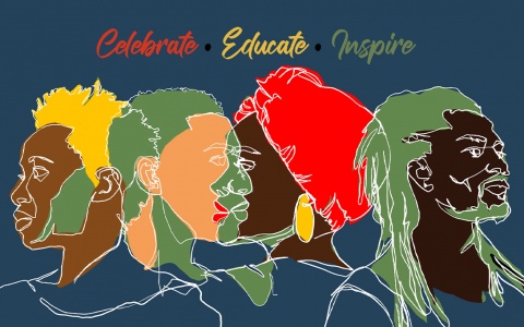 Artwork of 4 faces, with "Celebrate, Educate, Inspire" written above