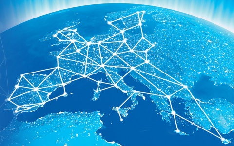 Illustration of a world map, focused in on Europe, showing European interconnections