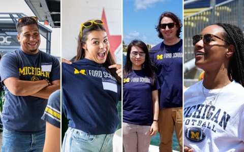 Four photos of Ford School students, alums, and fellows wearing Ford School and U-M spirit apparel