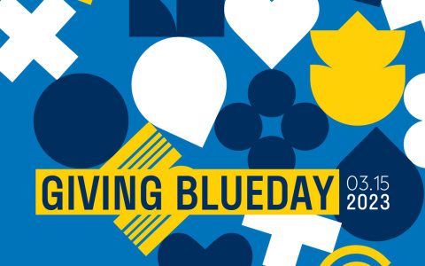 Illustration of a variety of blue, maize, and white shapes in the background with "Giving Blueday 03.15.2023" written in the foreground