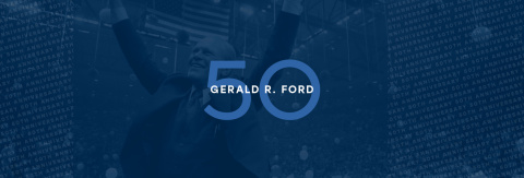 Gerald R. Ford 50 Anniversary over image of Ford at a campaign event