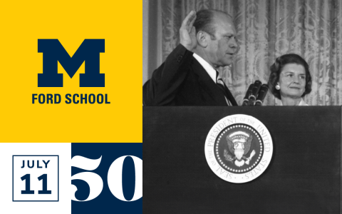 The Ford School logo, July 11, and "50", and a black and white photograph of Gerald and Betty Ford.