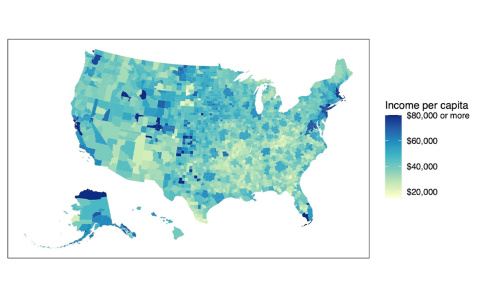 Map of personal income per capita in US Core-Based Statistical Areas, 2019. Per capita incomes were highest in metropolitan areas on the East and West Coasts and in tourism and natural resource centers in the interior West.