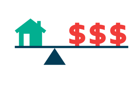 Illustration with a house and money symbols balanced on a scale