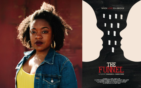 Charlene Carruthers alongside a poster of her film The Funnel