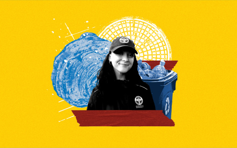 Collage of Emma Renzi Wise with an oyster shell, manhole cover, and recycling bin