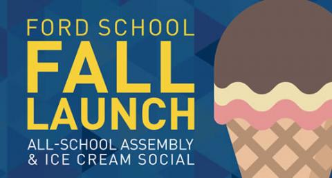 Text: "Ford School fall launch all school assembly and ice cream social" Image of a Neapolitan ice cream cone